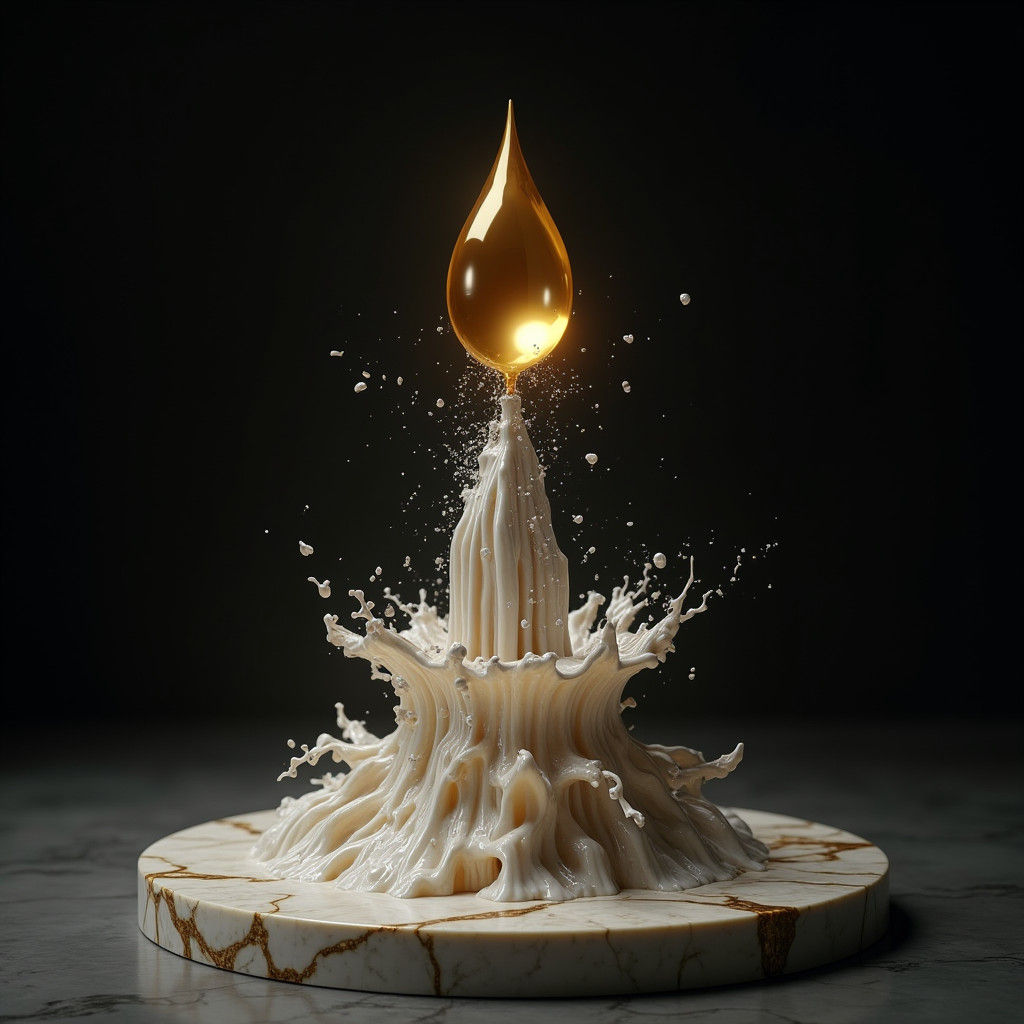 Golden Marble Water Droplet Sculpture in Museum