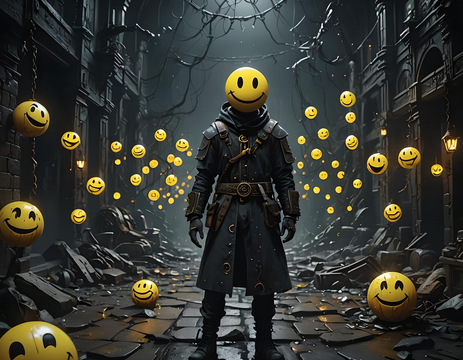 Figure in Smiley Mask: Detailed Fantasy Art
