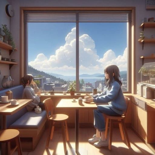 Vibrant Fantasy Café Scene in Oil Painting Style