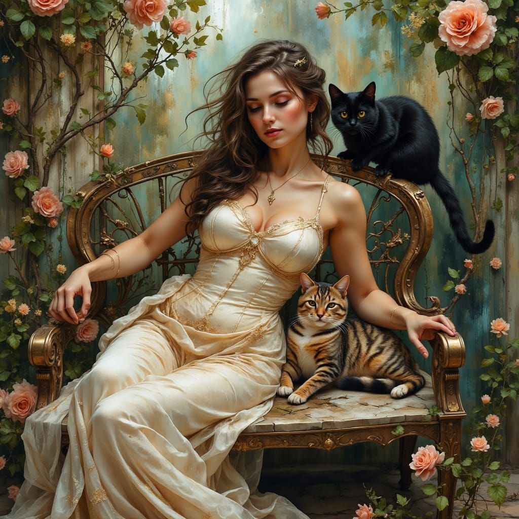 Whimsical Woman with Cats in a Floral Setting