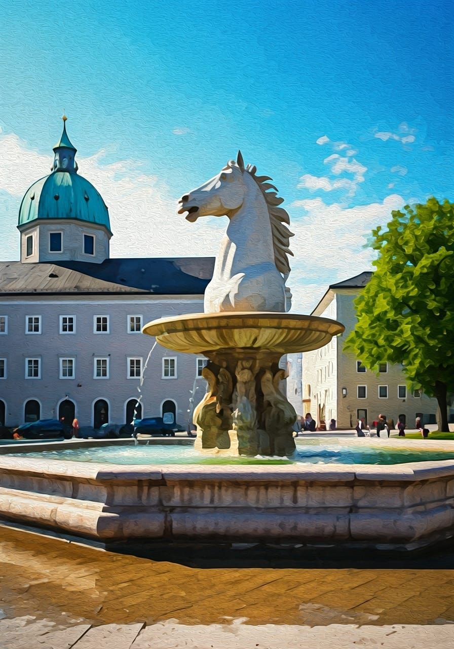 Salzburg Horse Fountain in Gouache Watercolor Style
