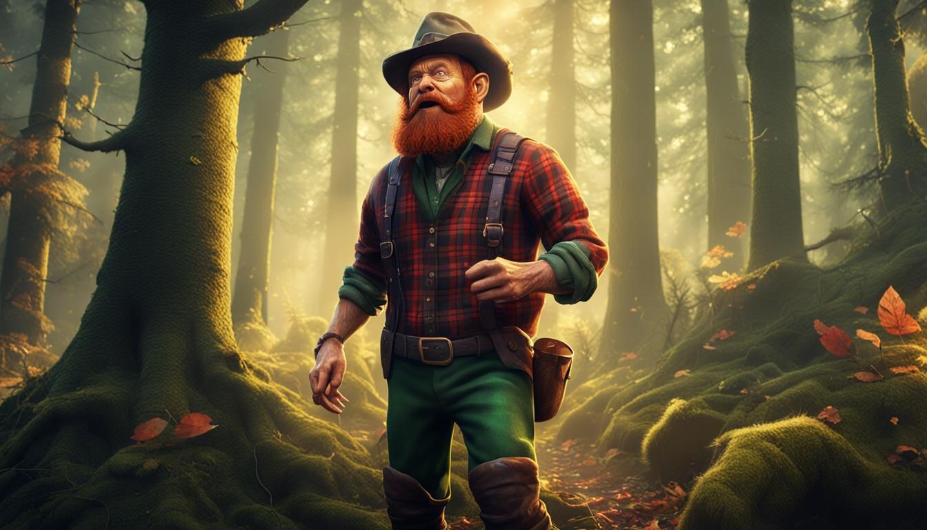 Leprechaun Lumberjack Sings in Forest: Detailed Matte Painti...