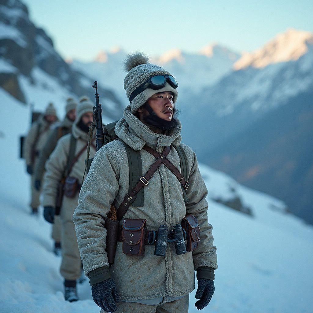 Bhutanese Soldier in Mountain Gear: Cinematic Film Still
