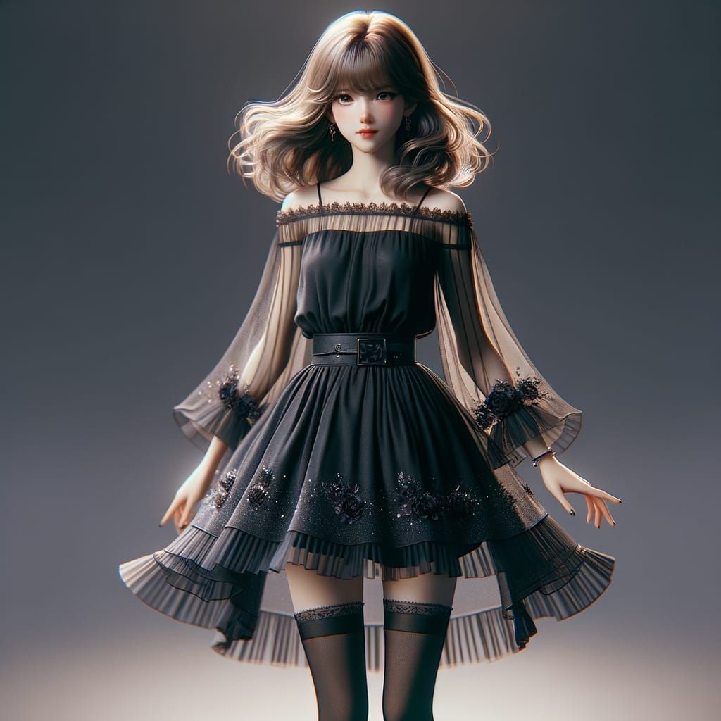 Anime Girl in Black Dress and Stockings, 3D Art Style