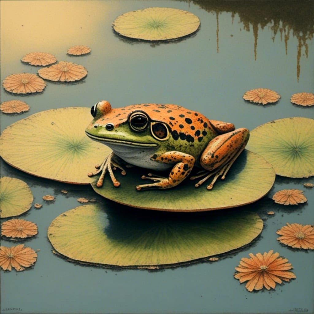 Frog on Lily Pad with Sunset Reflection