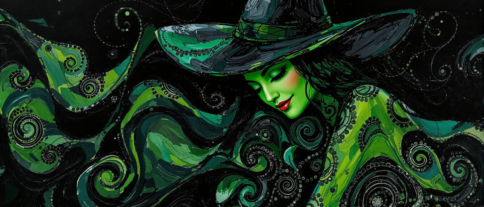 Green Witch with Klimt-Inspired Dress in Impasto Style