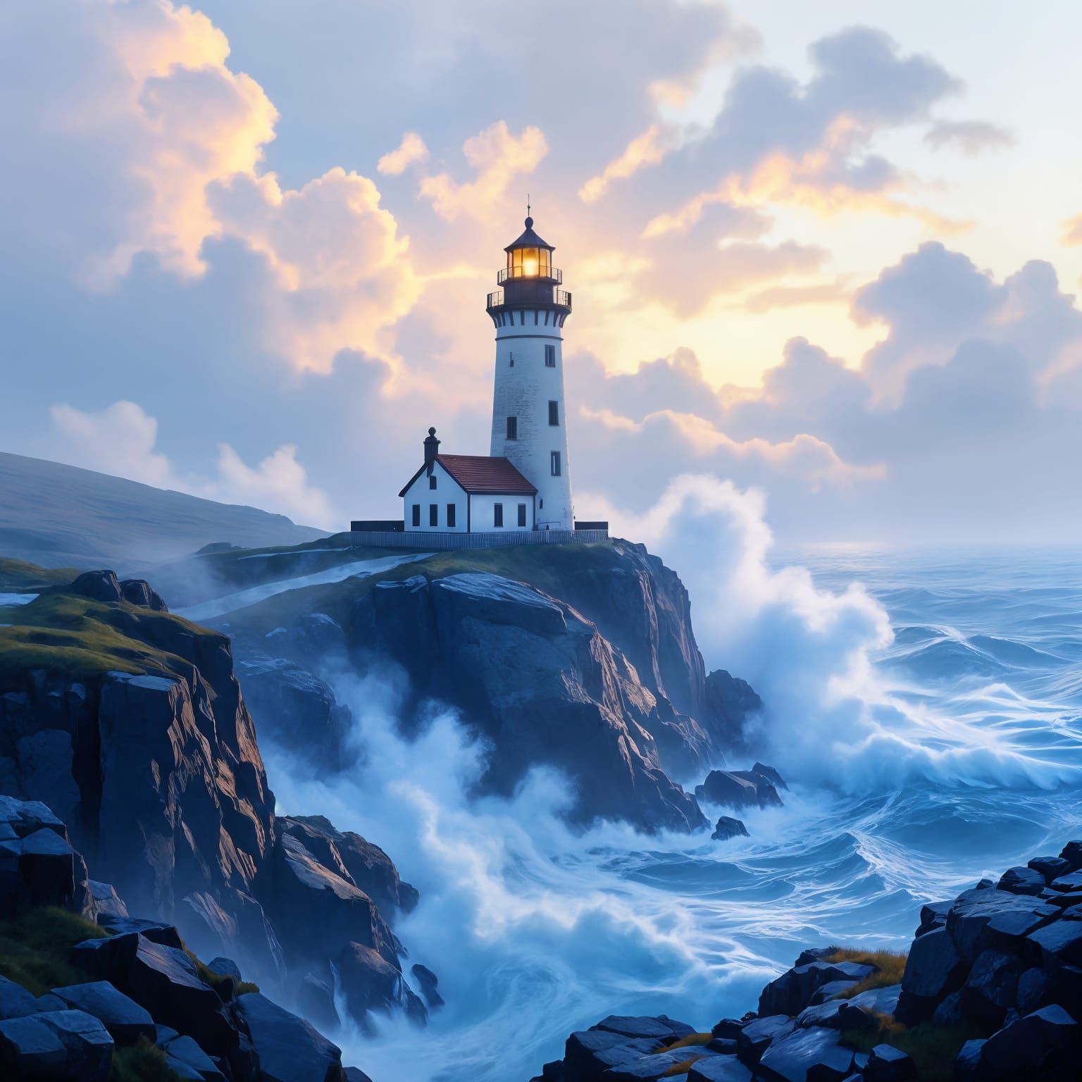 Majestic Lighthouse on Rocky Cliff: Digital Matte Painting