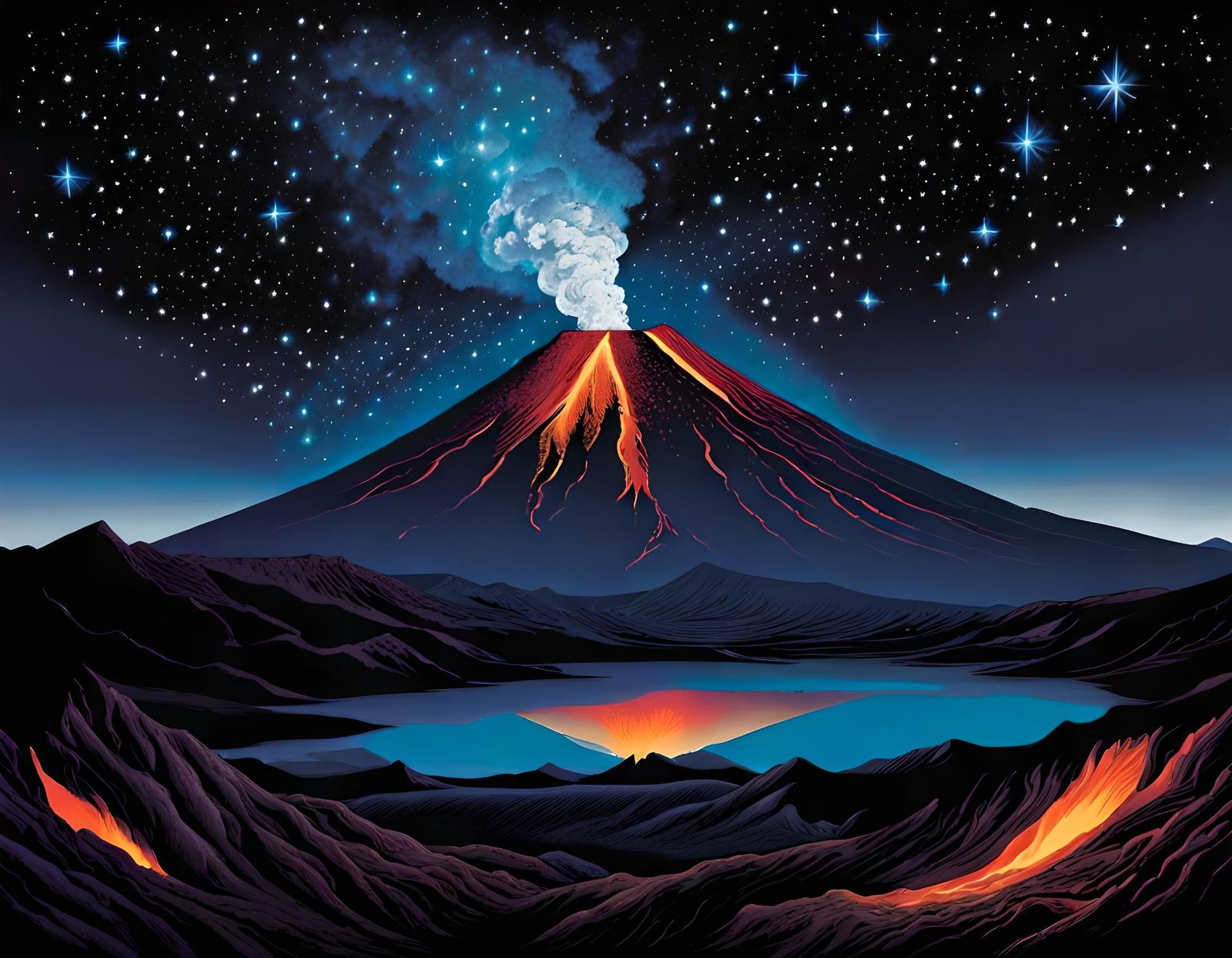 Volcanic Eruption Under Starry Sky, Bold Illustration