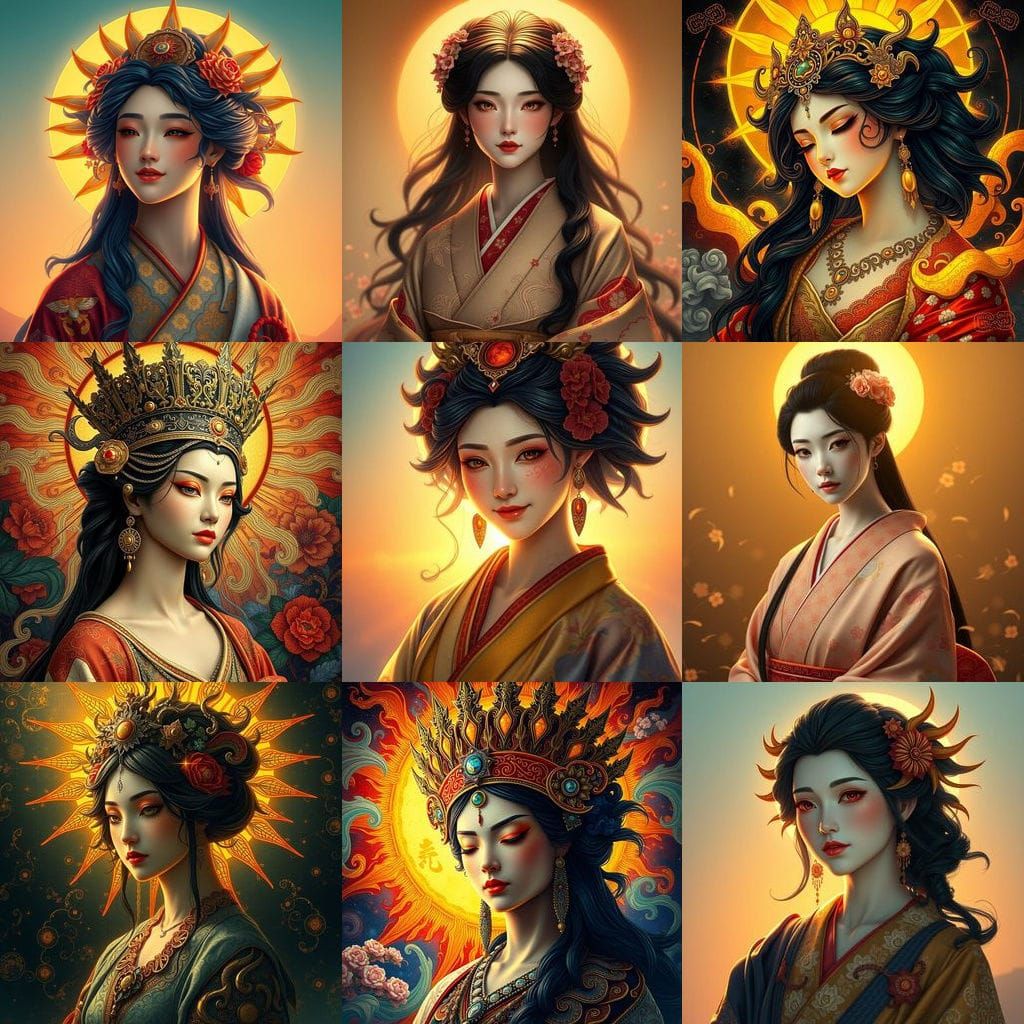 Amaterasu: A Stunning, Mucha-Style Portrait in Vibrant Triad...