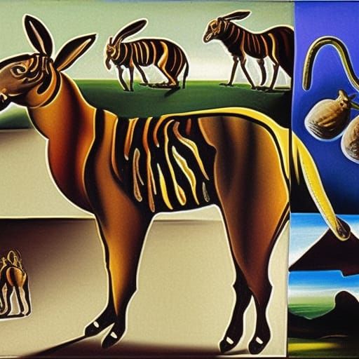 Surreal Composition with Tigers, Donkeys, and Dates