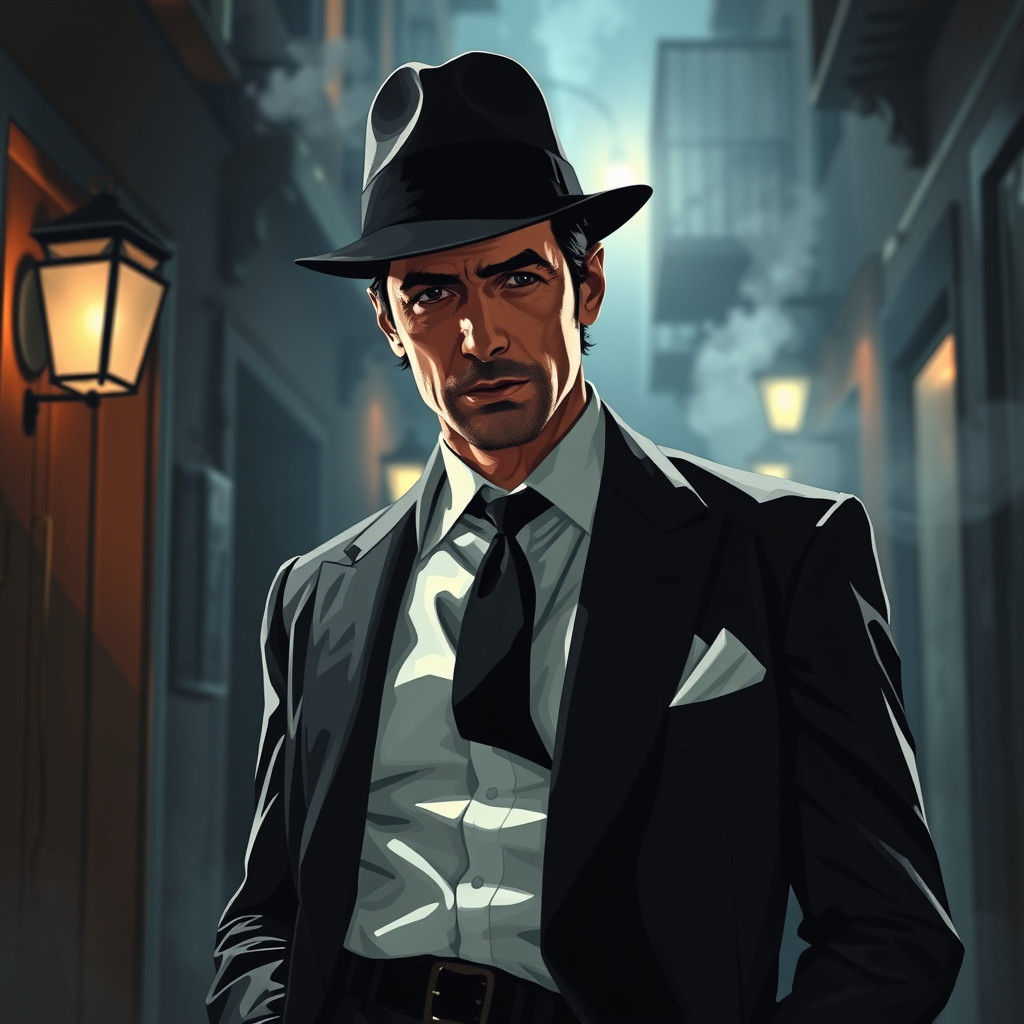 Tony Montana in Italian Alleyway, Film Noir Illustration