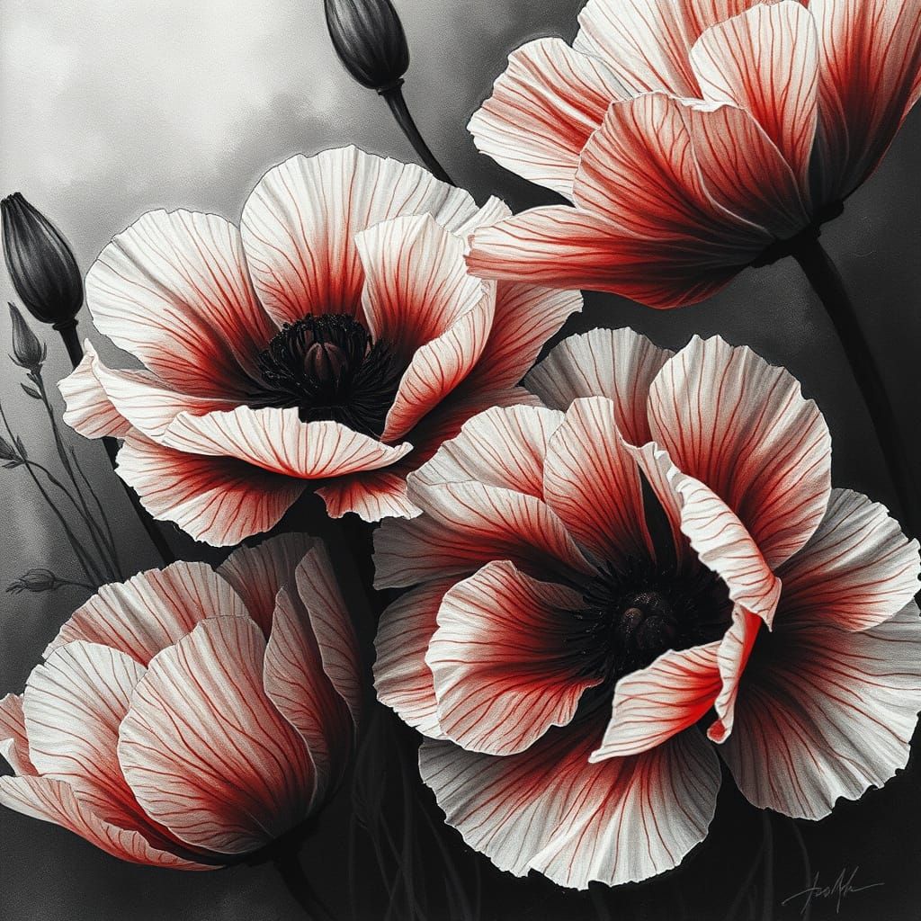 Hyperrealistic Charcoal Poppies with Metallic Accents