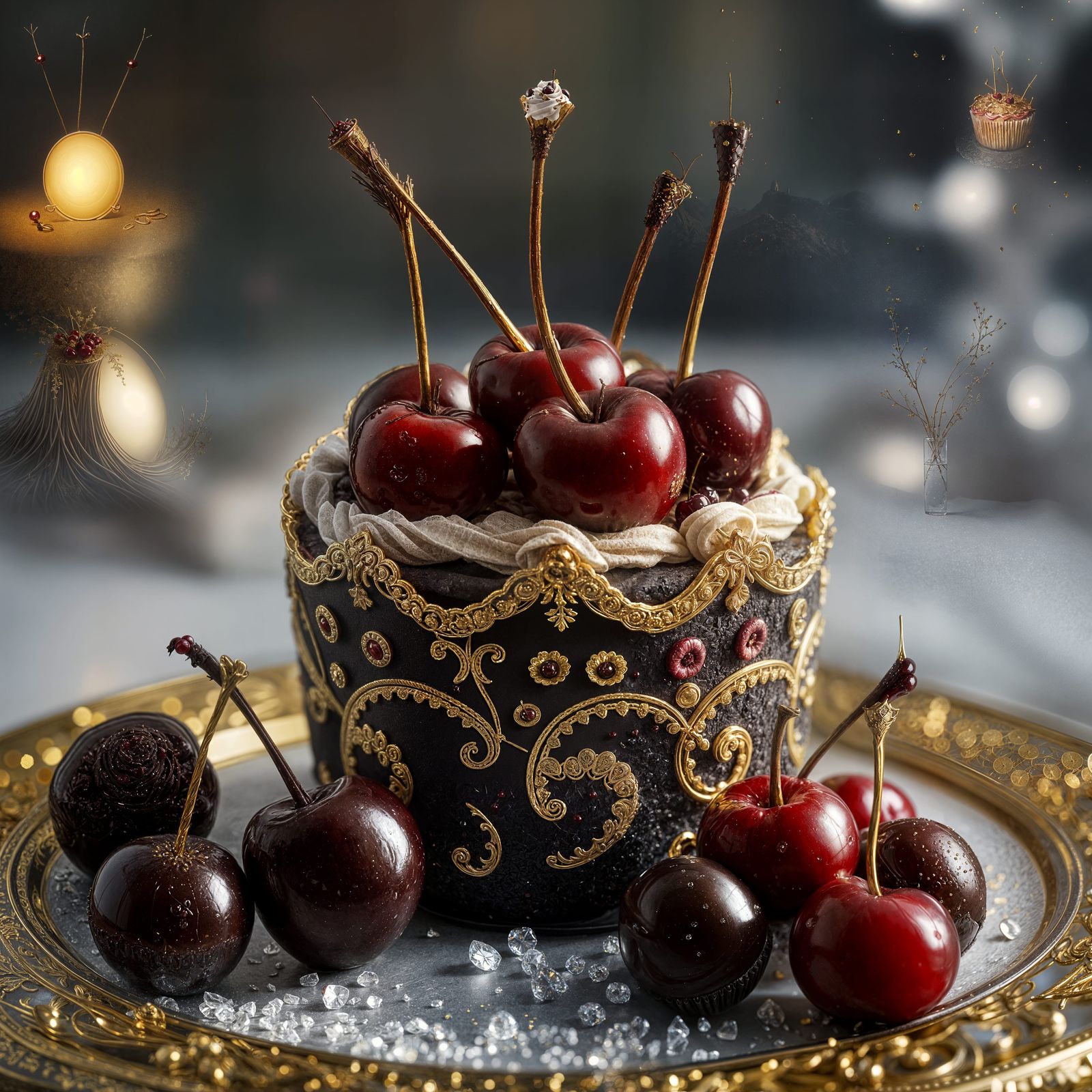 Black Forest Cupcake with Cherries and Gold Details