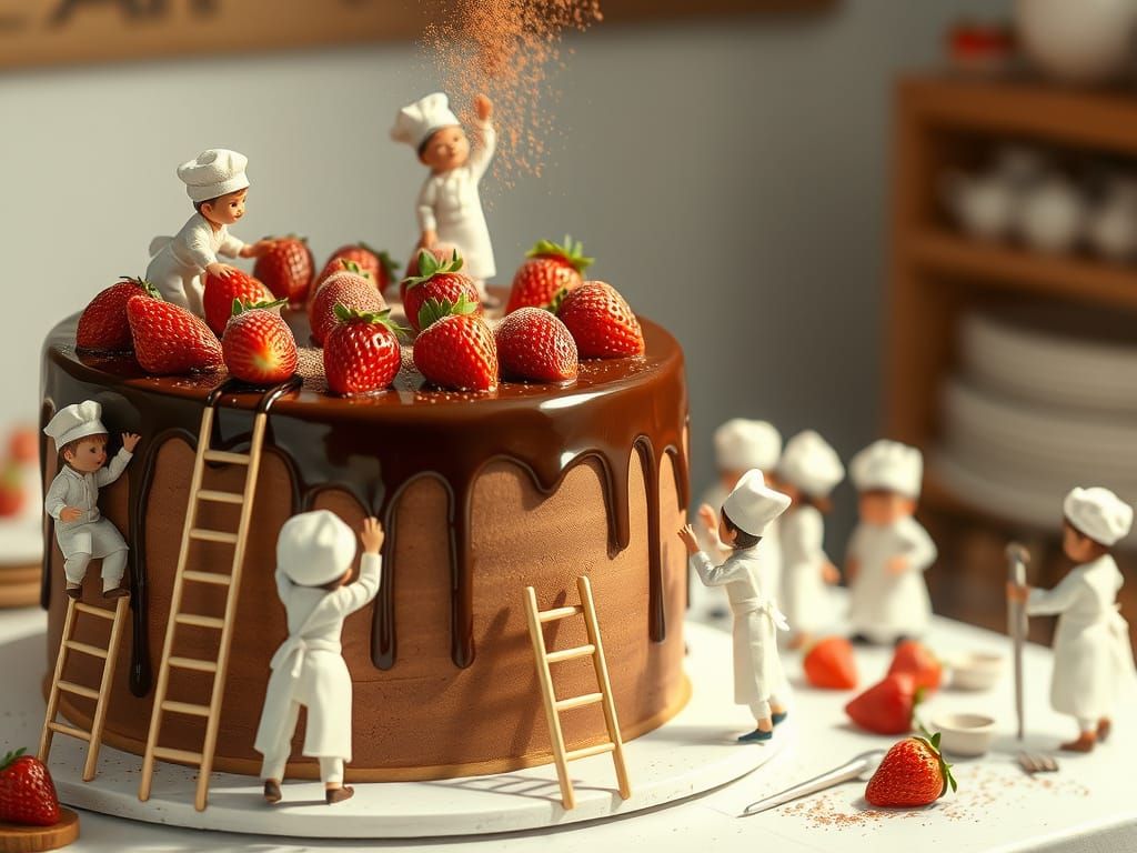 Miniature Chefs Decorating a Giant Chocolate Cake