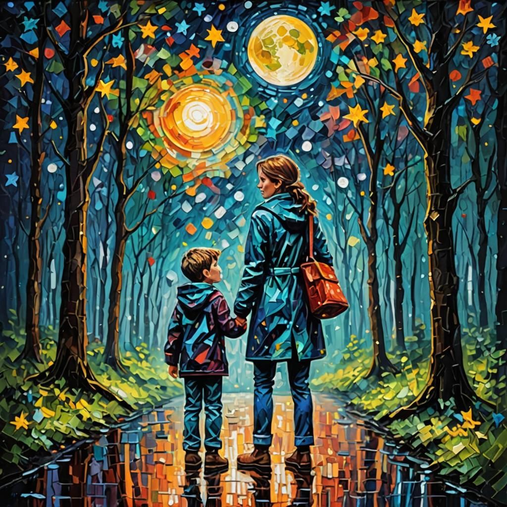 Mother and Son: Expressionist Stargazing in Rainy Forest