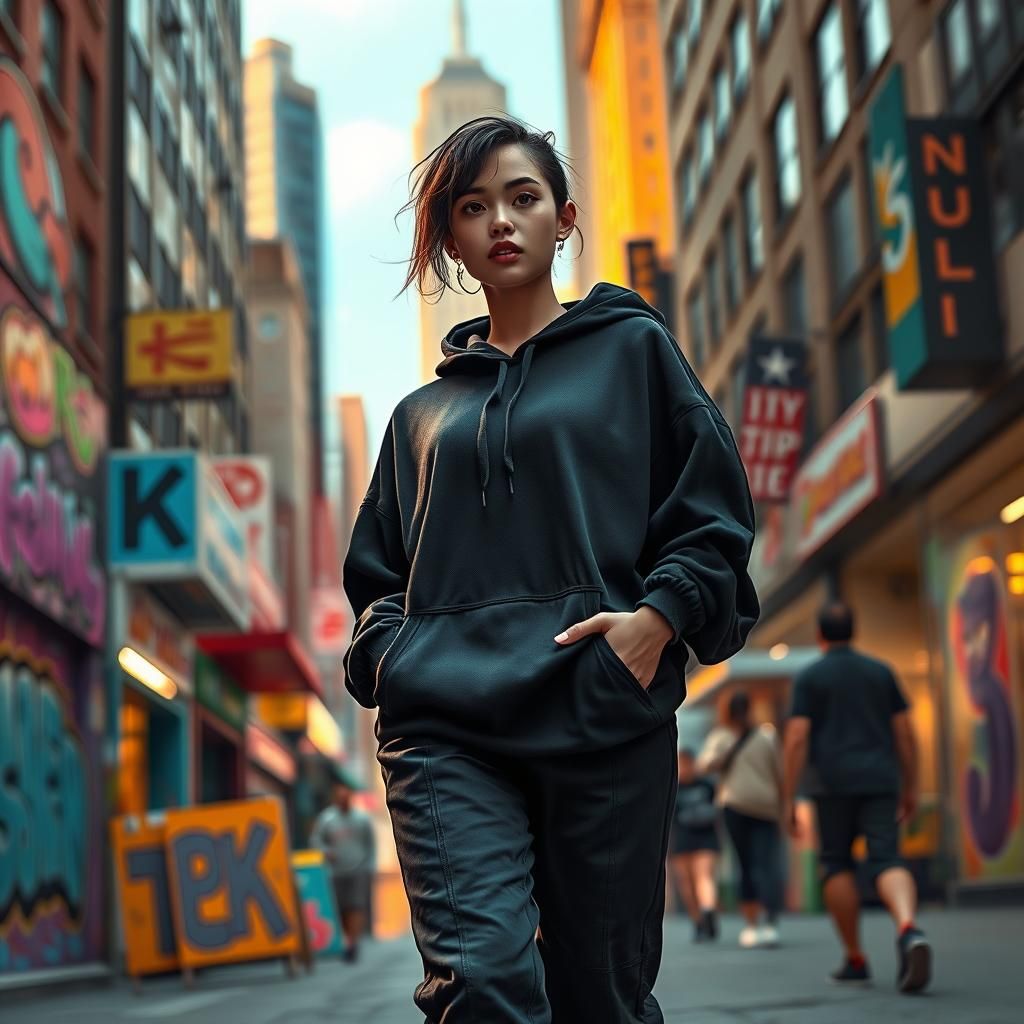 Hyper-Realistic Model in Hoodie, New York Street Scene