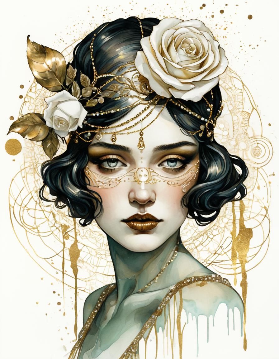 Art Nouveau Portrait of a Gatsby Girl with Rose
