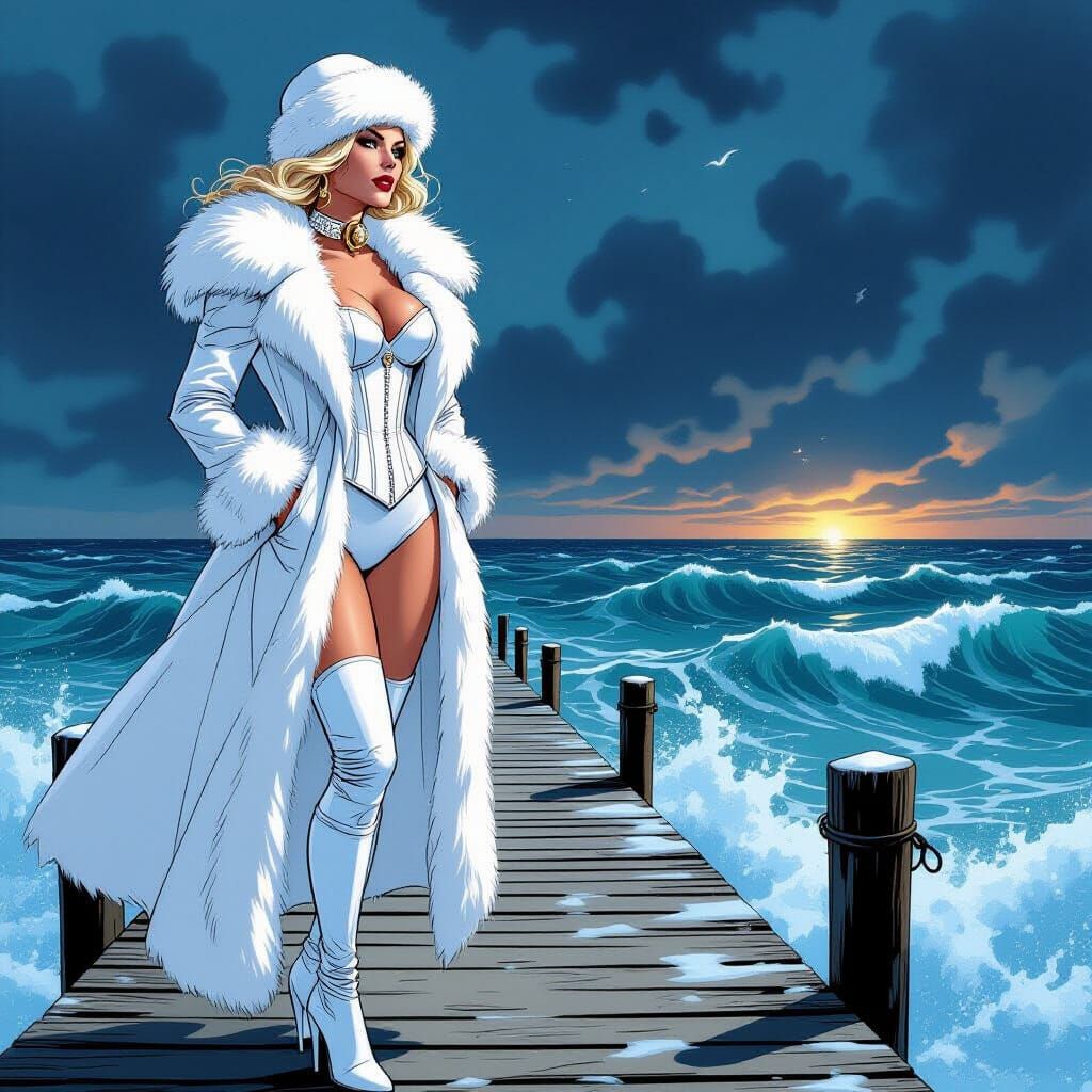 Emma Frost on Pier in Comic Book Style