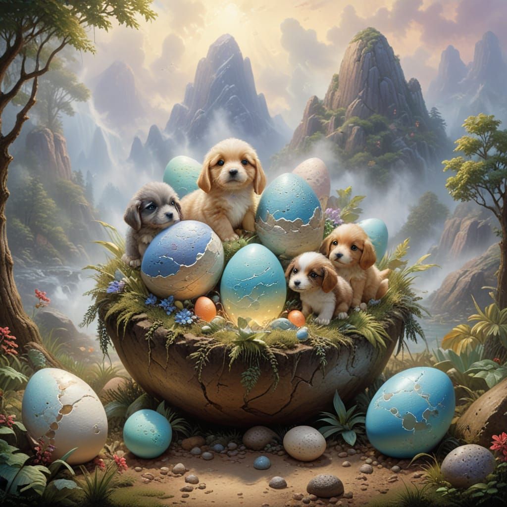 Whimsical Puppies Emerge from Enchanted Dinosaur Eggs