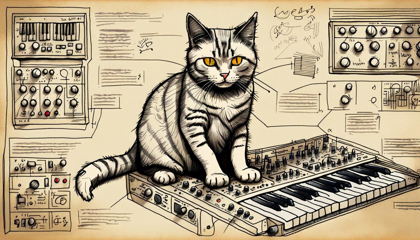 Cat Playing Modular Synth: Detailed Hand-Drawn Sketch