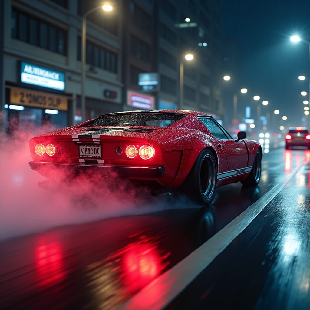 Sleek Car Drifting Through Rainy City Street