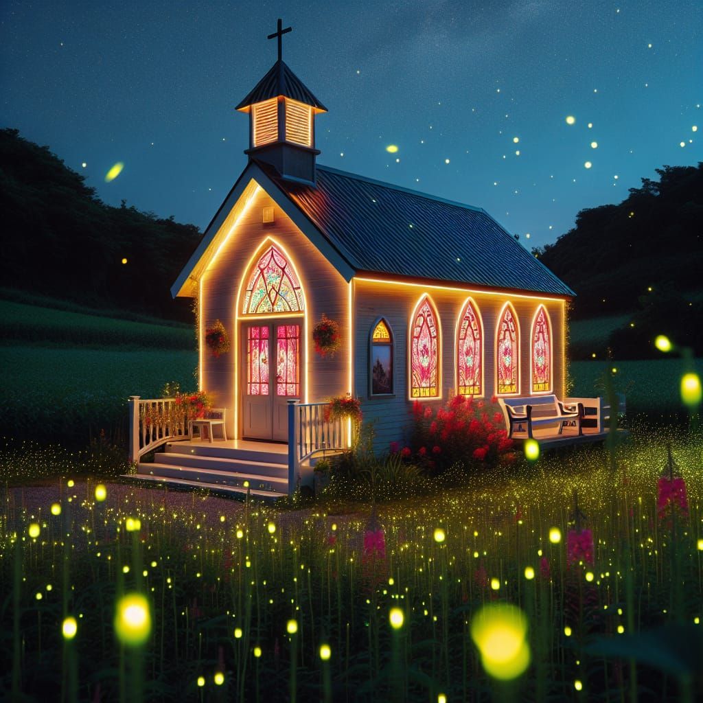 Neon Chapel in Countryside with Fireflies