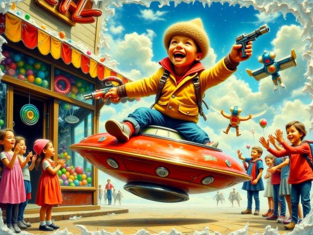 Boy Rides UFO Toy in Whimsical Comic Art