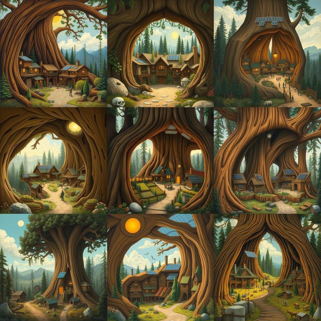 Solarpunk Tree Village in Vibrant Folk Art Style
