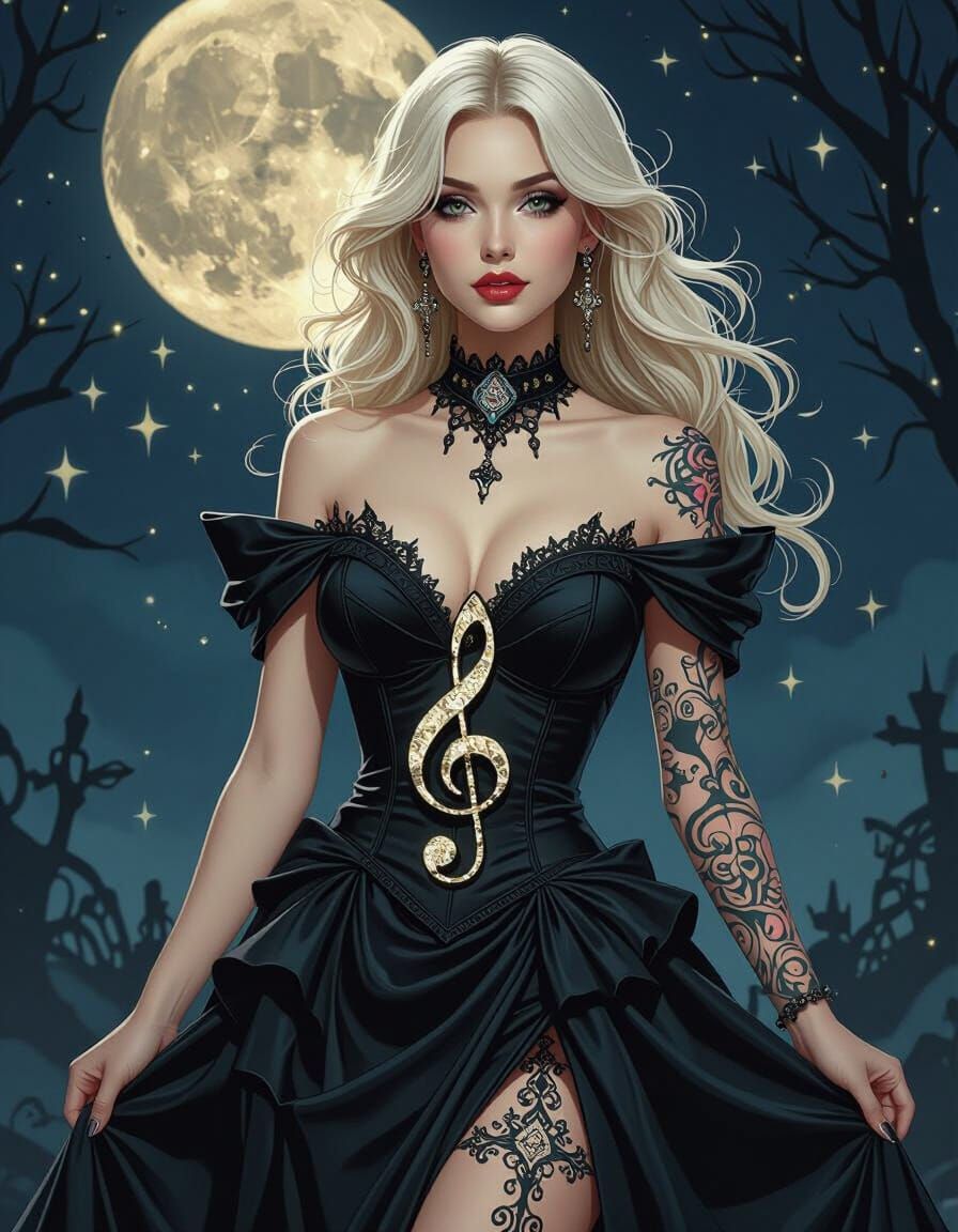 Gothic Woman with Treble Clef Tattoo