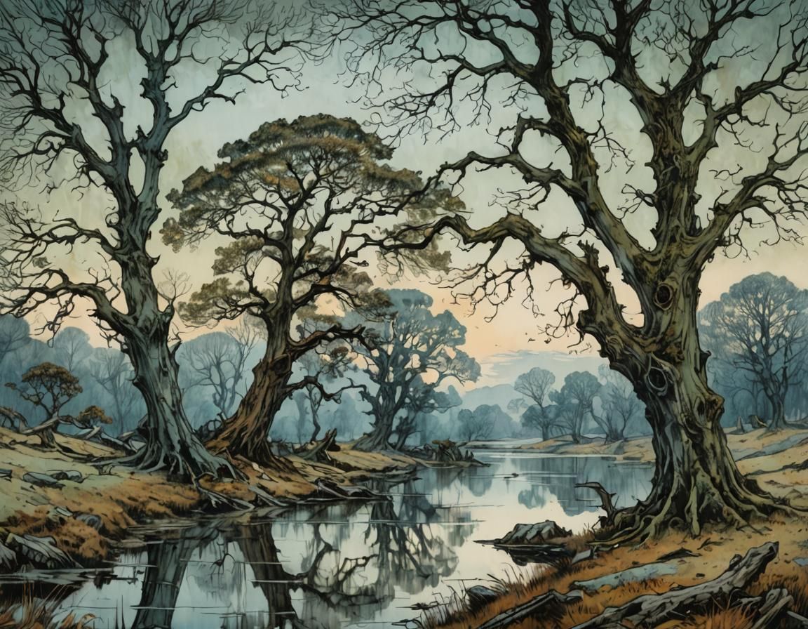 Lake Landscape with Oak Trees in Rackham Style