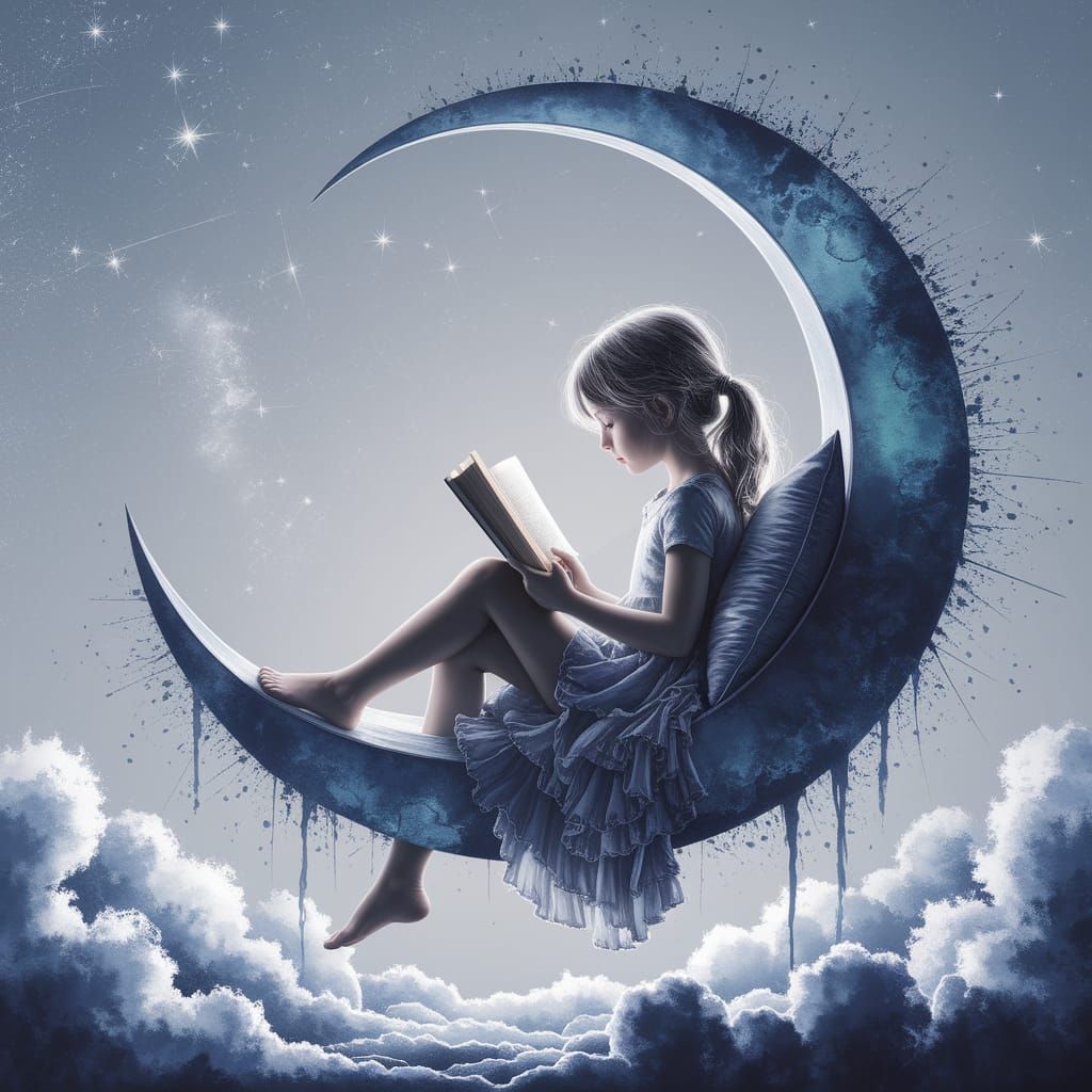 Girl Reading on Crescent Moon Bed in Watercolor