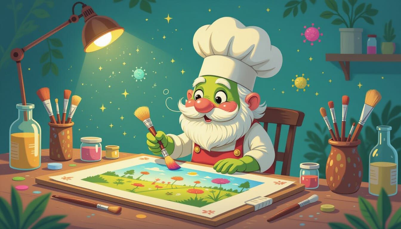 Jolly Microbe Paints Cell Landscape Children's Book Style