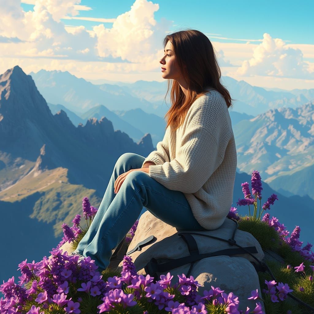 Serene Mountain Scene with Purple Flowers