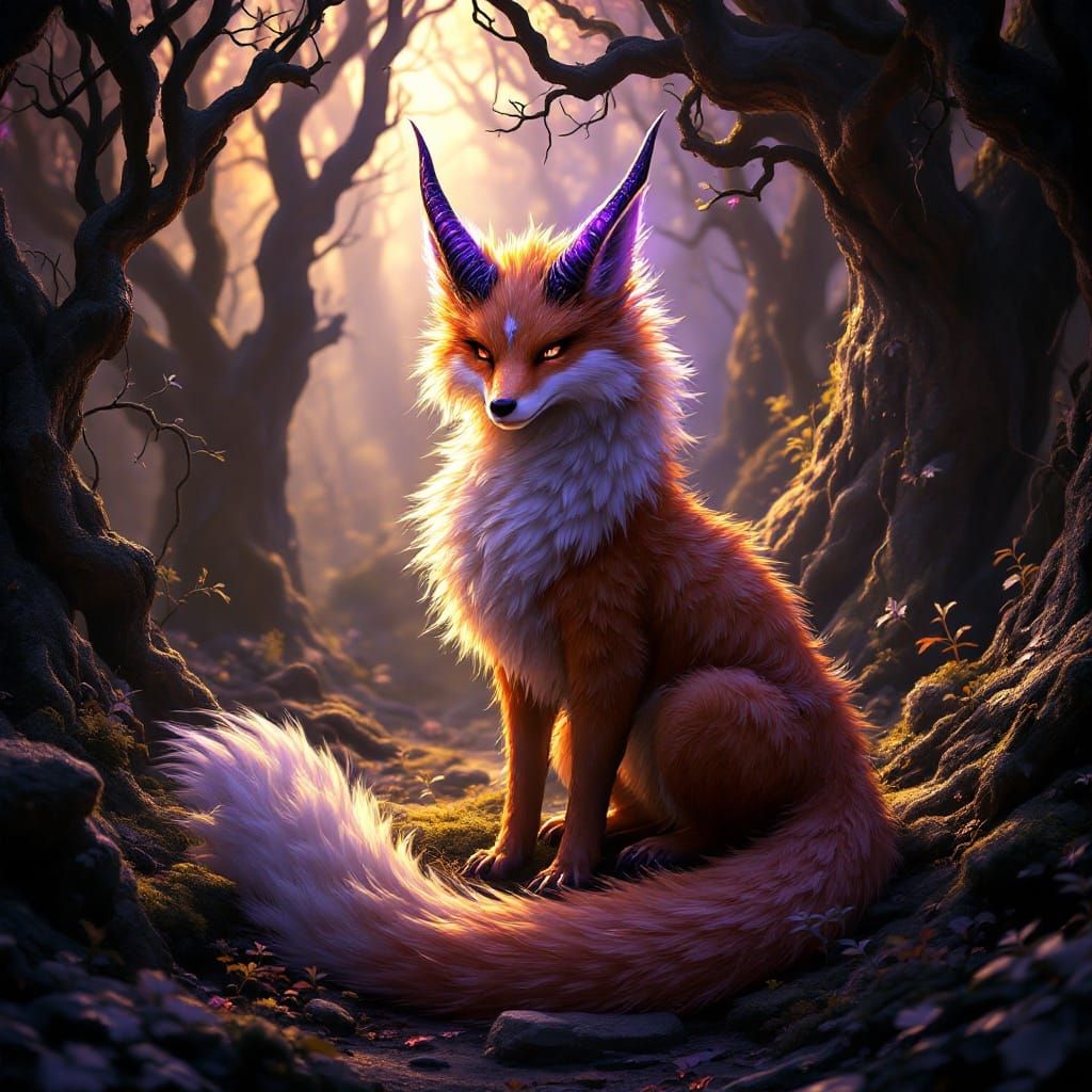 Mystic Fox Dragon in Luxuriant Forest with Ancient Trees