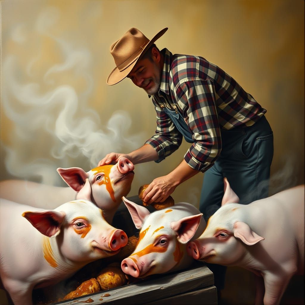 Farmer Feeds Pigs Molasses: A Surrealist Oil Painting
