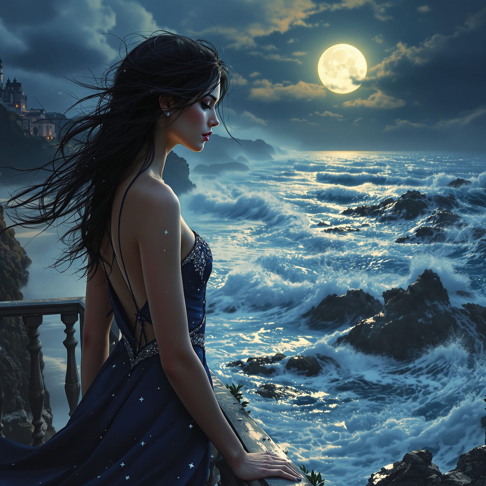 Norse Moon Goddess on Balcony Overlooking Ocean