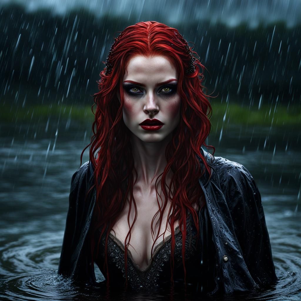 Redhead Vampire in Rain: Photorealistic Dark Fantasy