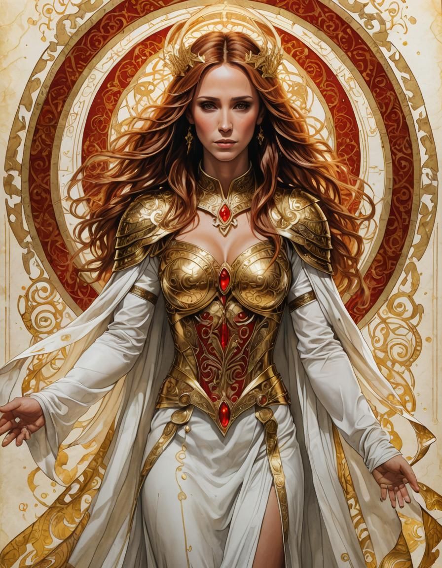 Fantasy, hand drawn colored ink on parchment, curvy Jennifer Love Hewitt in flowing see through white robes with intrica...