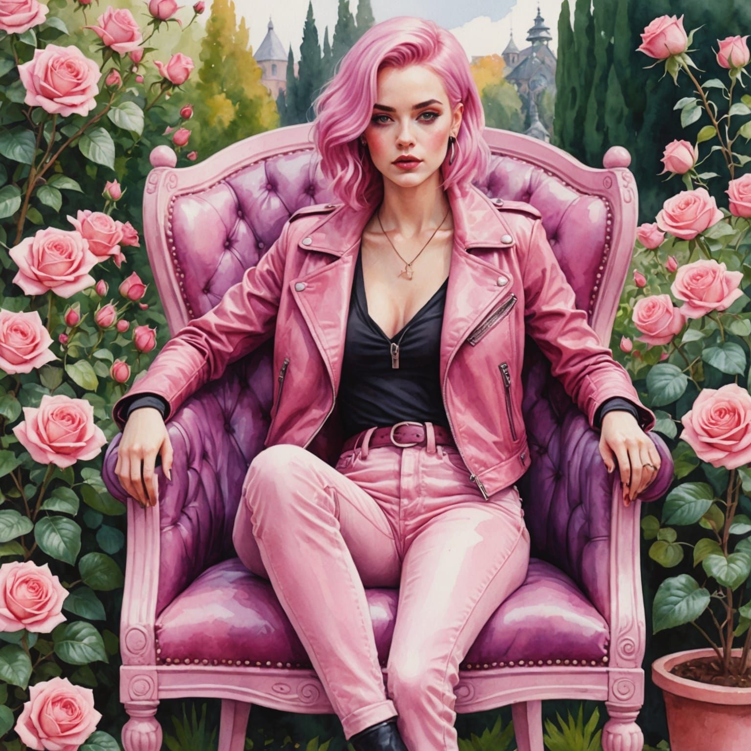 Pink-Haired Woman in a Rose Garden, Watercolor Style