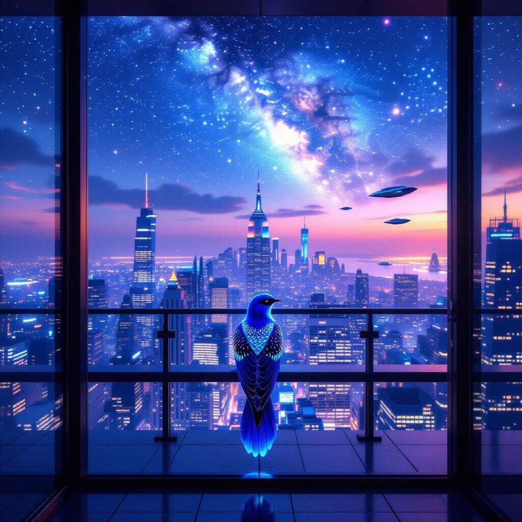 Ultra-Realistic Rooftop Balcony at Dusk with Cosmic Cityscap...