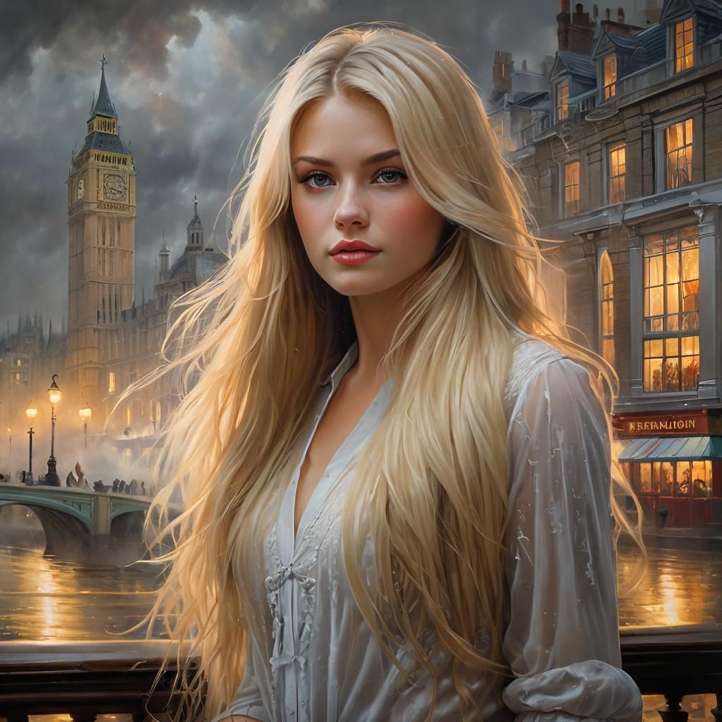 Stunning Woman Portrait in London, Ethereal Oil Painting