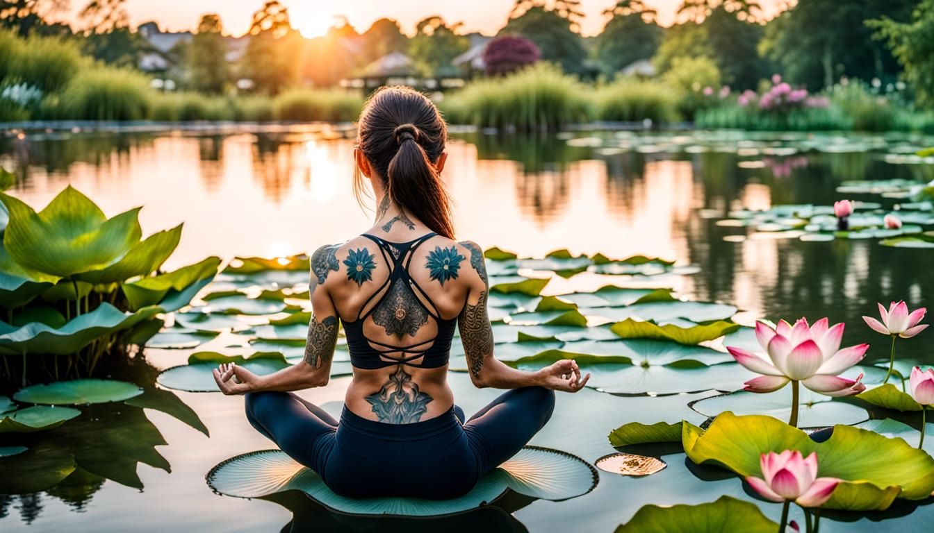 Woman in Lotus Pose Meditating by Garden Pond
