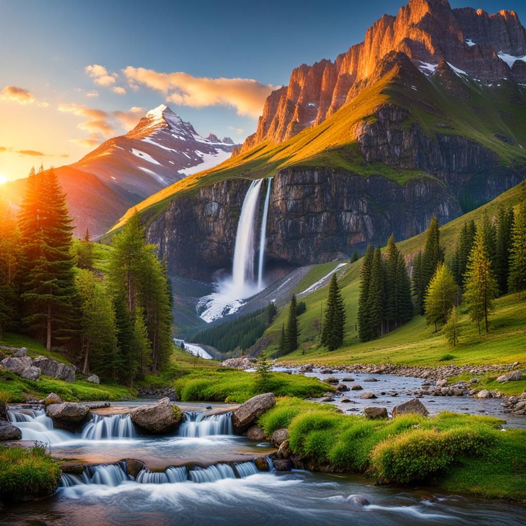 Picturesque Mountain Sunset with Waterfalls and Stream