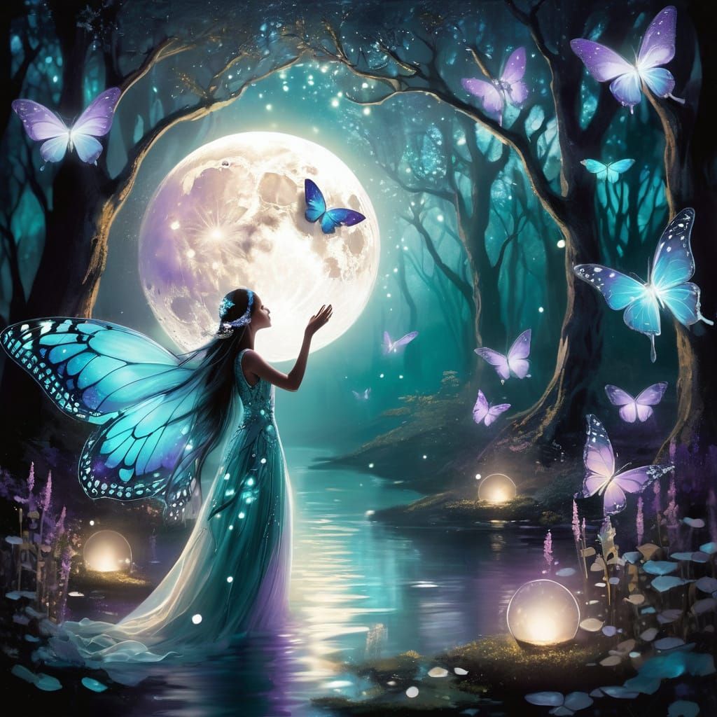 Enchanted Forest Goddess in Turquoise Robes and Glowing Wing...
