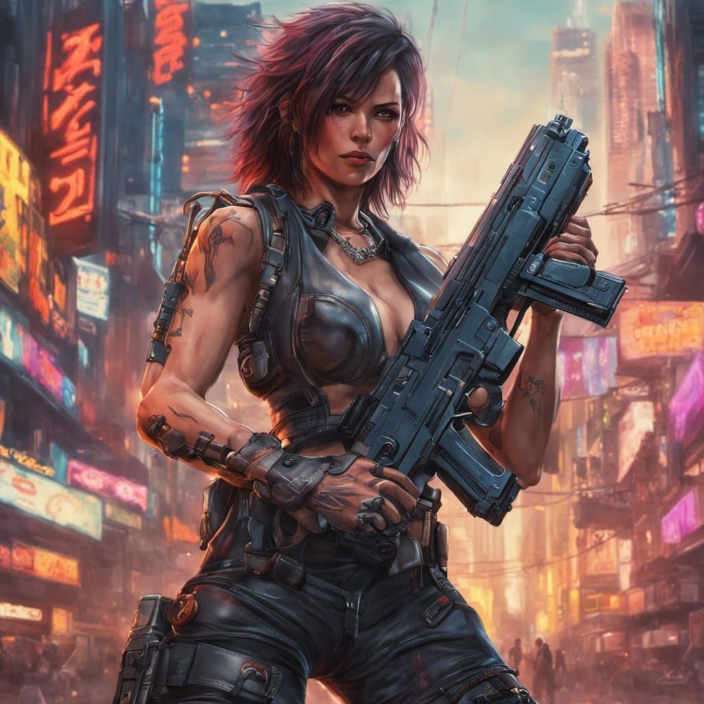 Cyberpunk Warrior with Cybernetic Arm and Submachine Gun