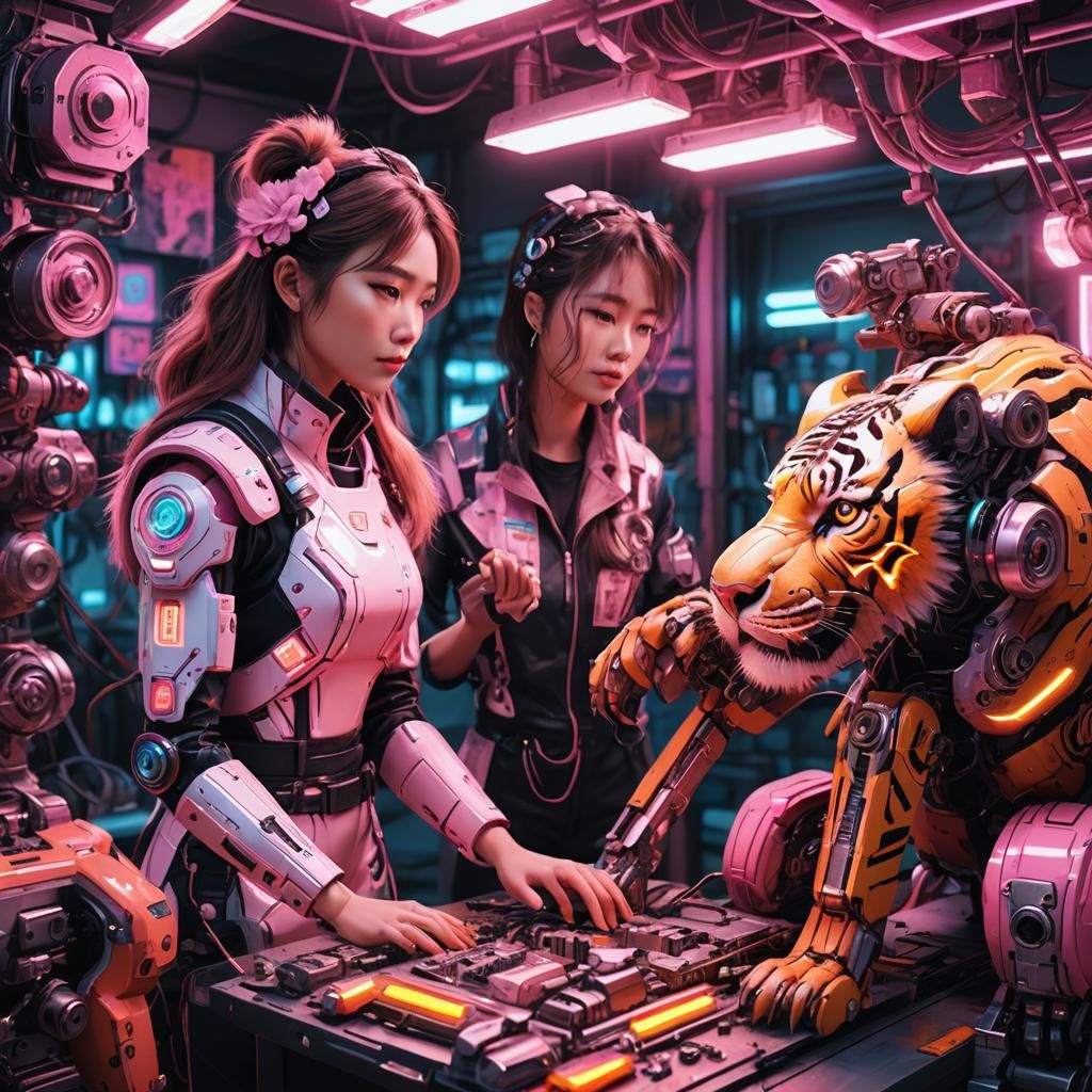 Girl Mechanic Fixing Robot Tiger in Futuristic Style