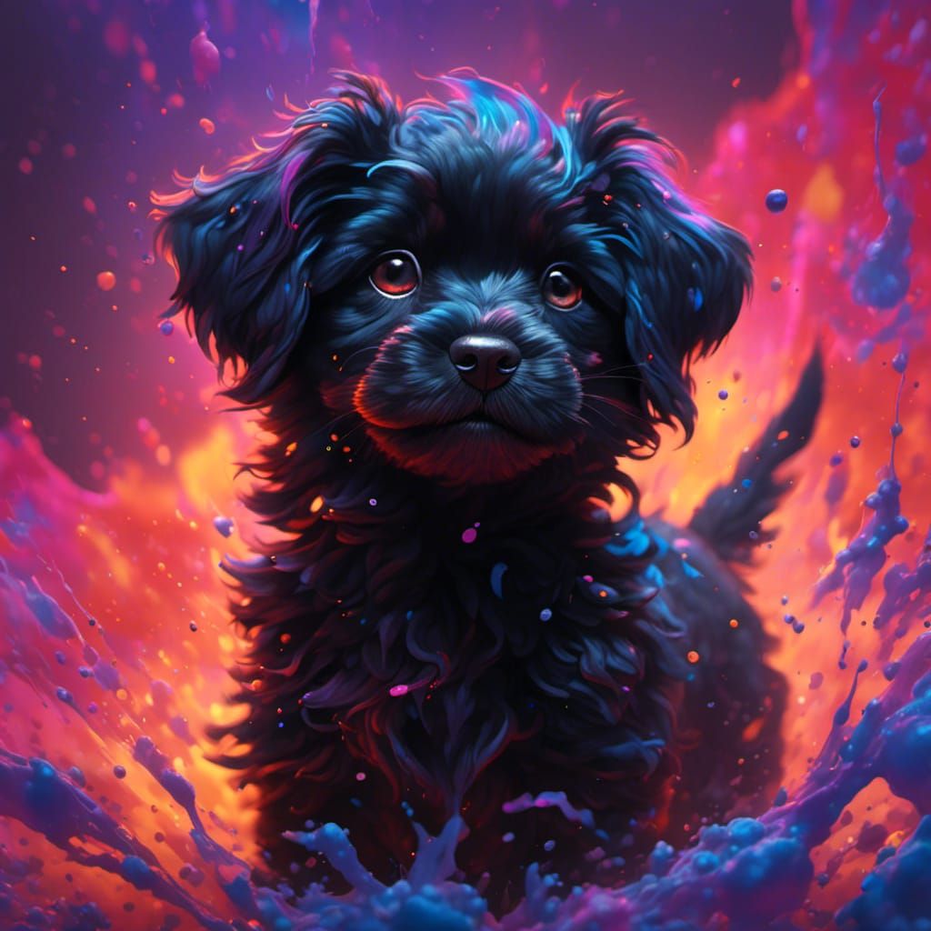Hyperrealistic Black Puppy in Splash Art Style
