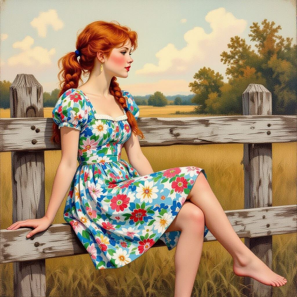 Woman in Blue Dress, Classical Illustration Style