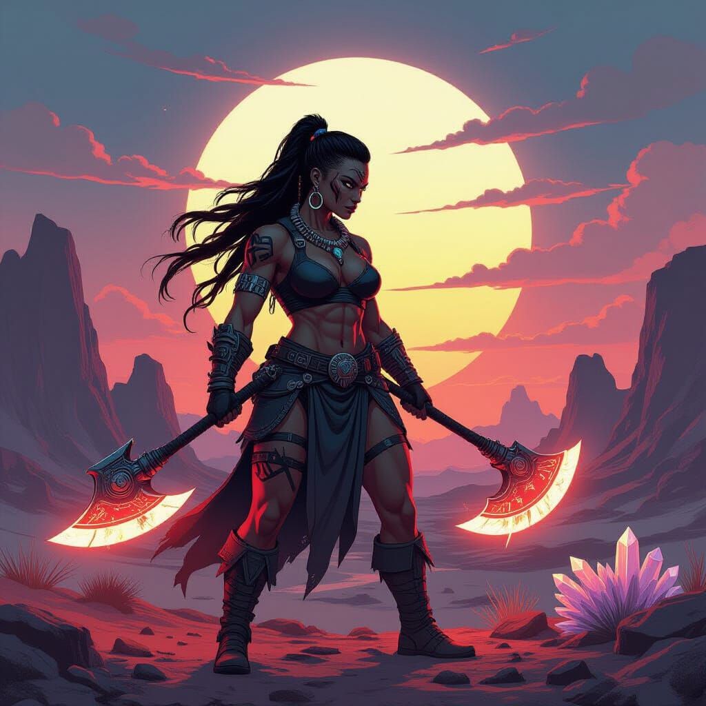 Alien Warrior with Energy Axe Under Binary Sunset