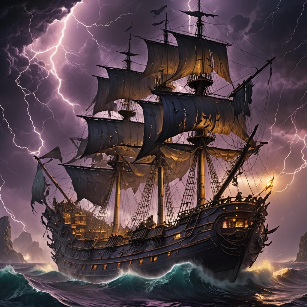 Ghost Ship Sails in Lightning Storm: Dark Fantasy Art